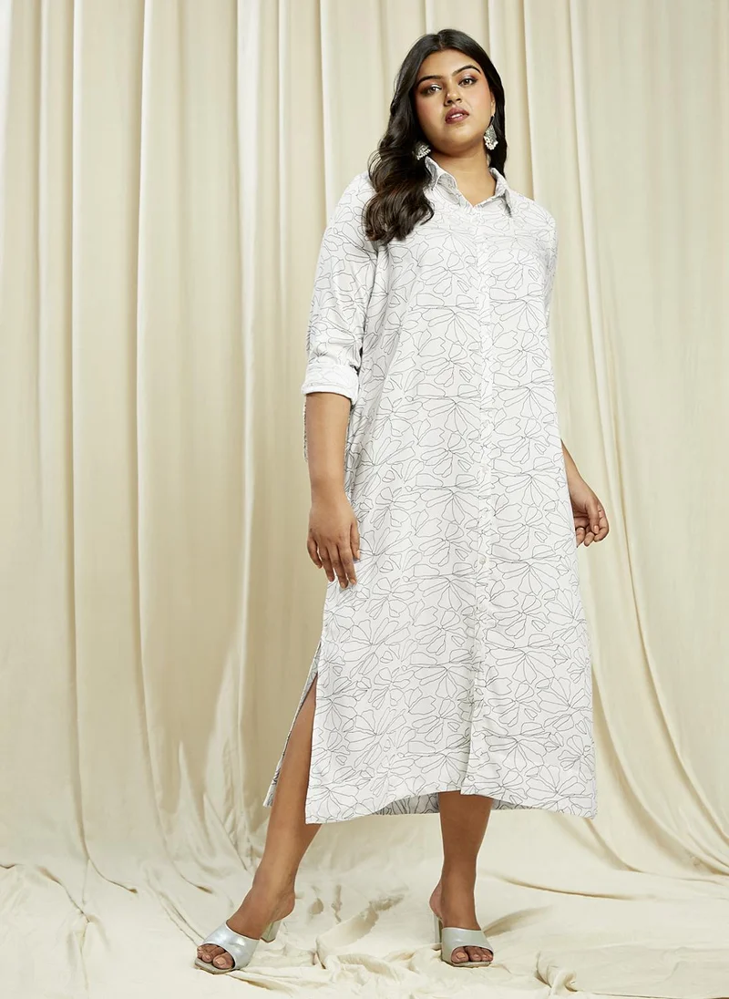 globus Globus Gloplus Women White Collared Neck Roll-Up Sleeves Floral Print Front & Side Slits Plus Size Midi Shirt Dress